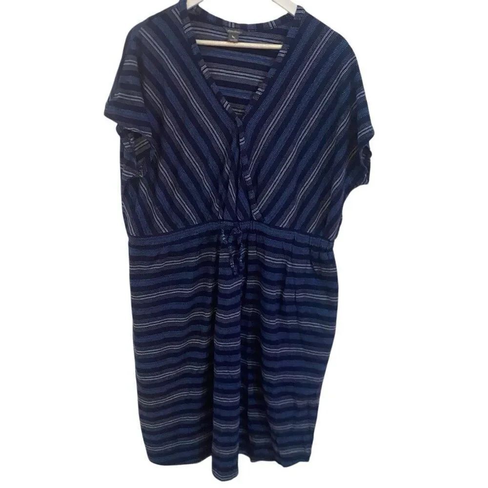 Ll bean v neck striped short sleeve dress draw string waste line size 2XL